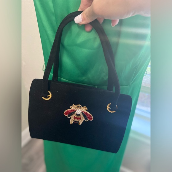 Vintage 2 Pieces Black Suede Leather Top Handle Handbag Gold Hardware Bee Accent - Picture 16 of 16